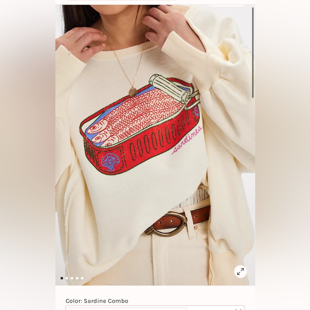 Free People Cream and Red Sardine Print Sweatshirt